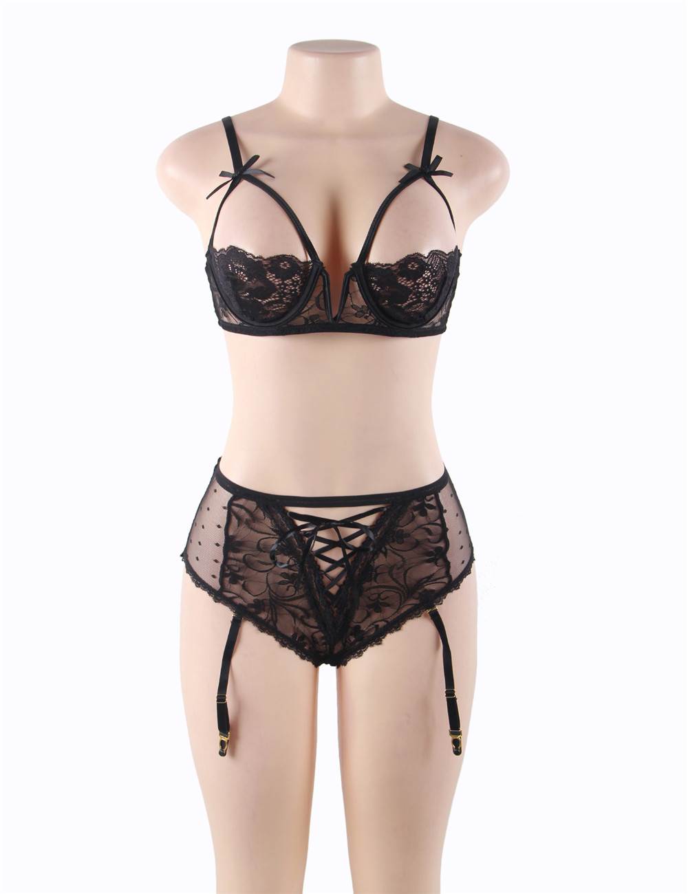 Open Bust Bra and Garter Panty Set with Steel Ring 2 colours