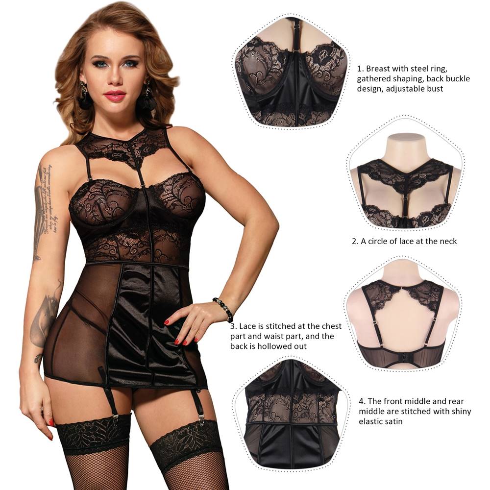 Black Deluxe Satin Lace Stitching Babydoll with Steel Ring Plus Size