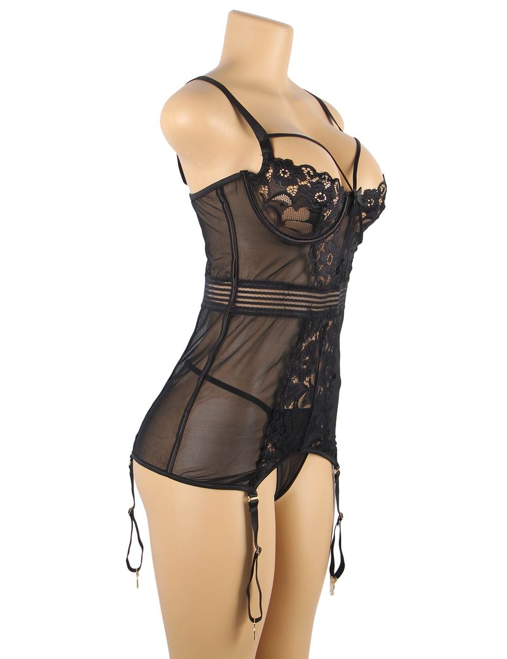 Mesh Stitching Black Lace Garter Babydoll with Underwire