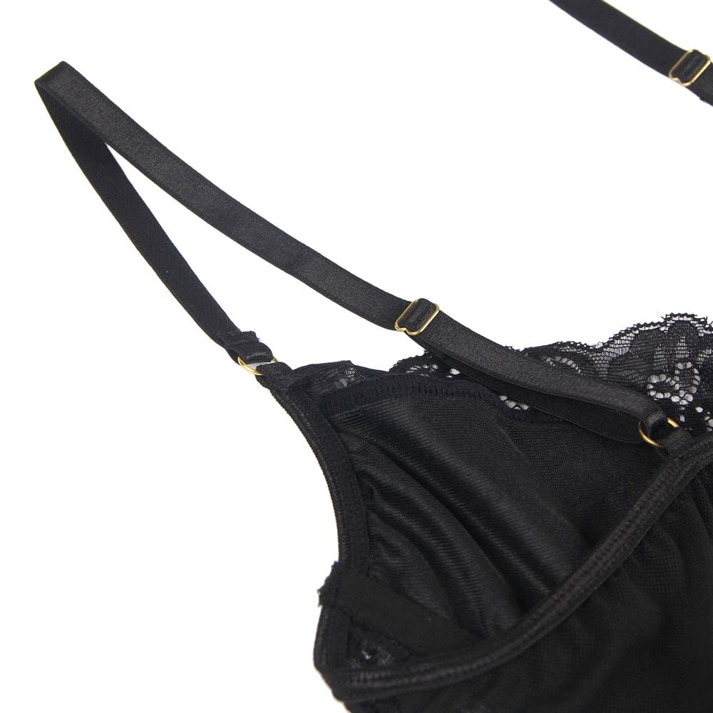 Delicate lace Stitching Gartered Lingerie with Underwire Black Plus Size