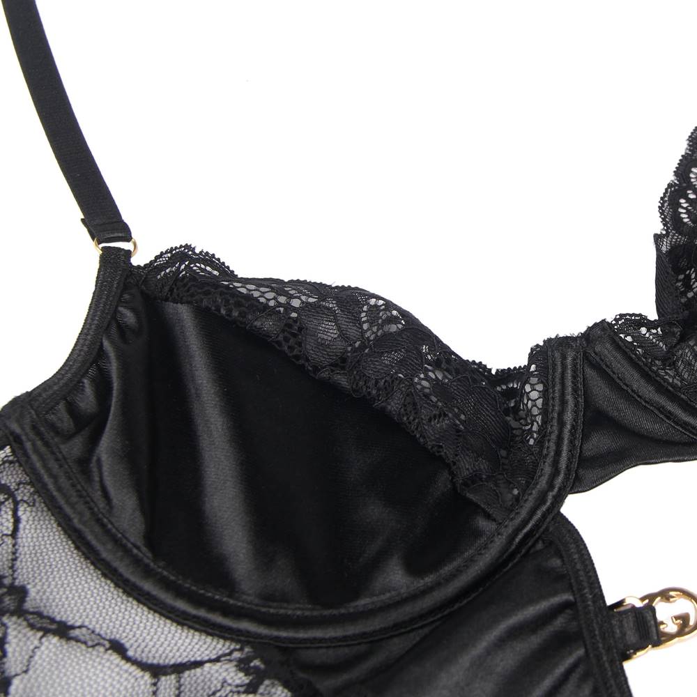 Delicate lace Stitching Gartered Lingerie with Underwire Black Plus Size