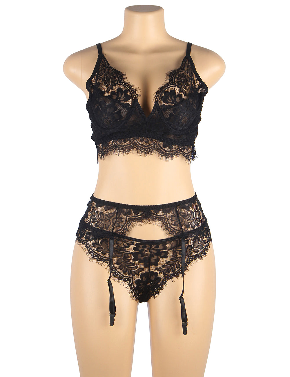Black Floral Embroidery Underwire Garter Lingerie Set