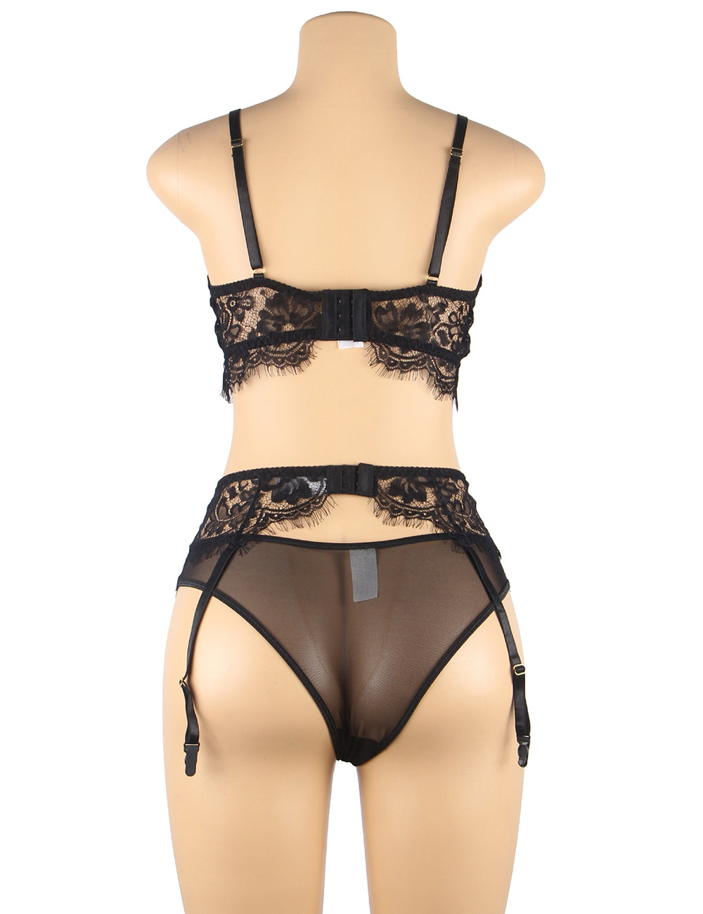 Black Floral Embroidery Underwire Garter Lingerie Set