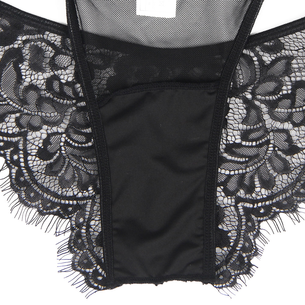 Black Floral Embroidery Underwire Garter Lingerie Set