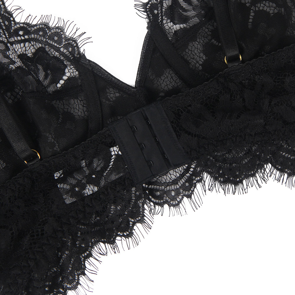 Black Floral Embroidery Underwire Garter Lingerie Set