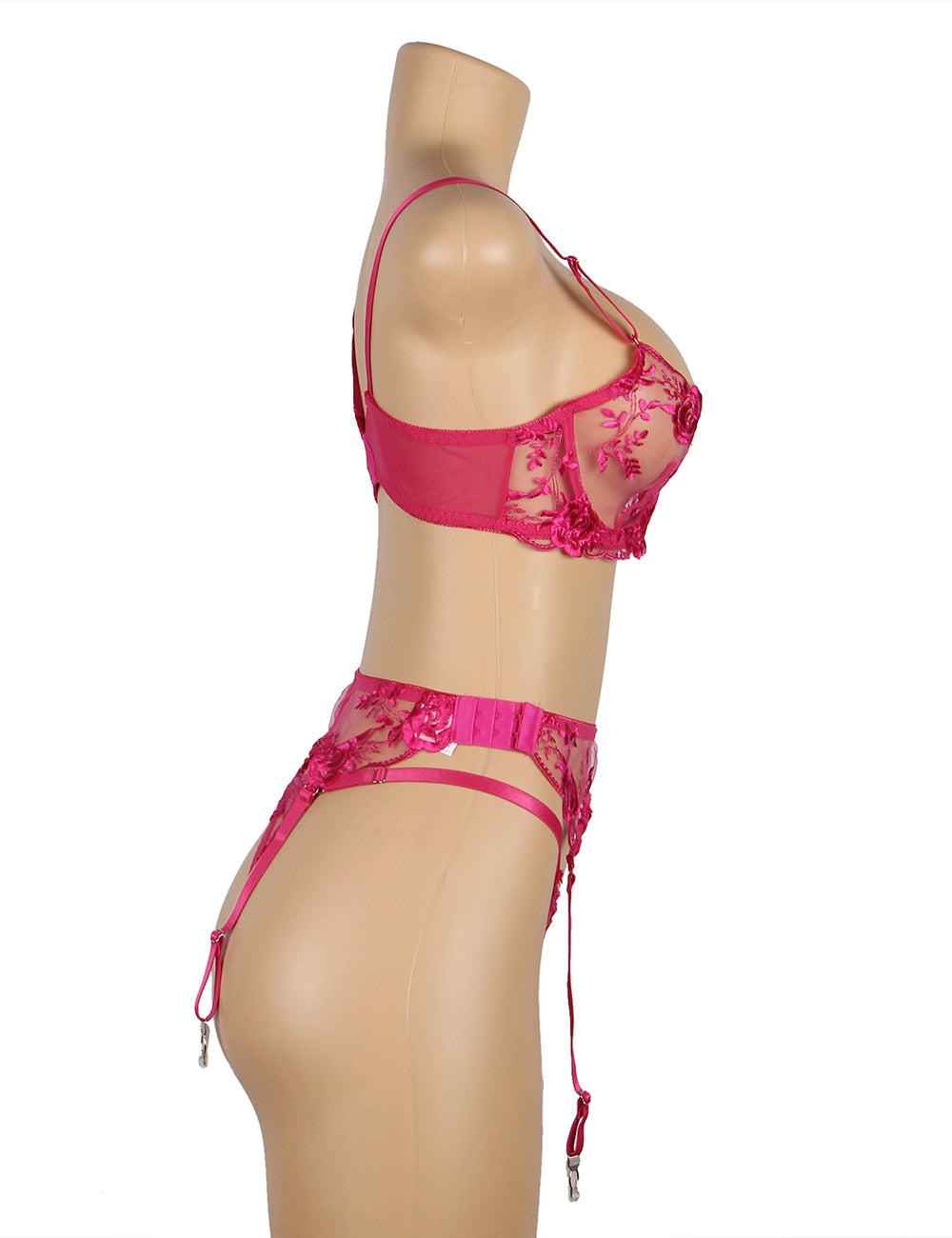 Floral Embroidery Underwire Garter Lingerie Set 5 Plus Size