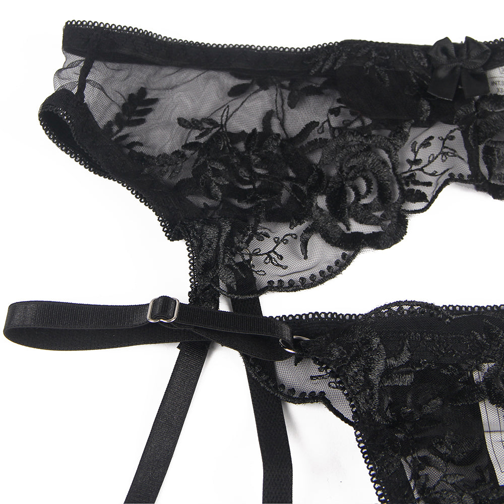Floral Embroidery Underwire Garter Lingerie Set 4