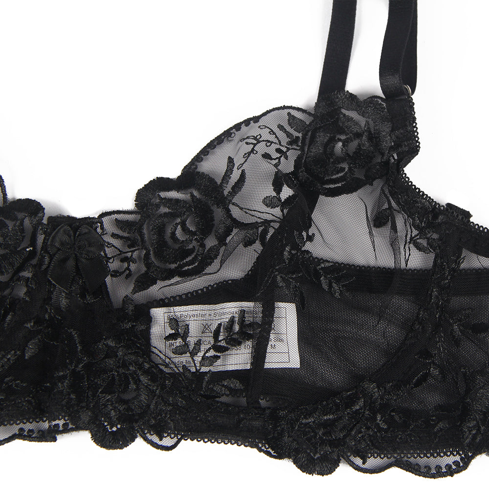 Floral Embroidery Underwire Garter Lingerie Set 4