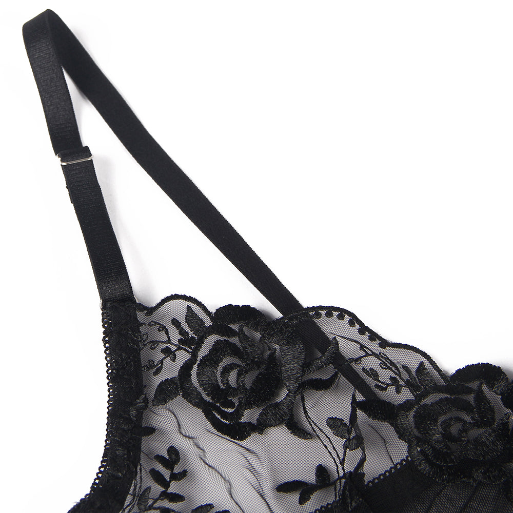 Floral Embroidery Underwire Garter Lingerie Set 4