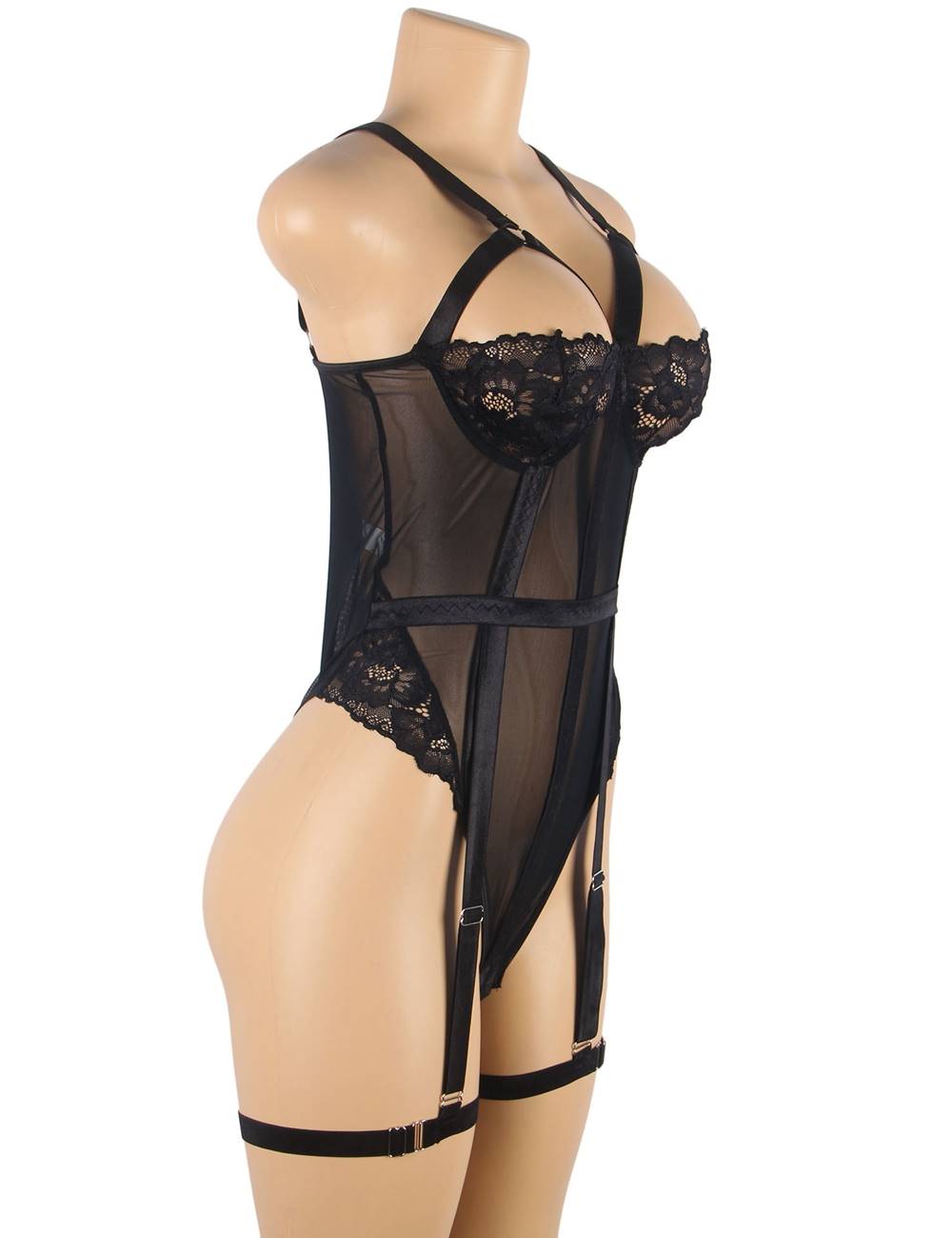 Sexy Slim Lace Garter Leg Ring Teddy Black Plus size