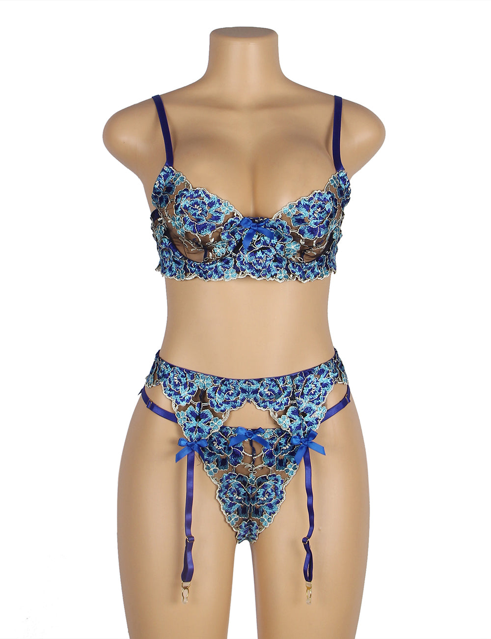 Blue Floral Lace Underwire Garter Bra Set