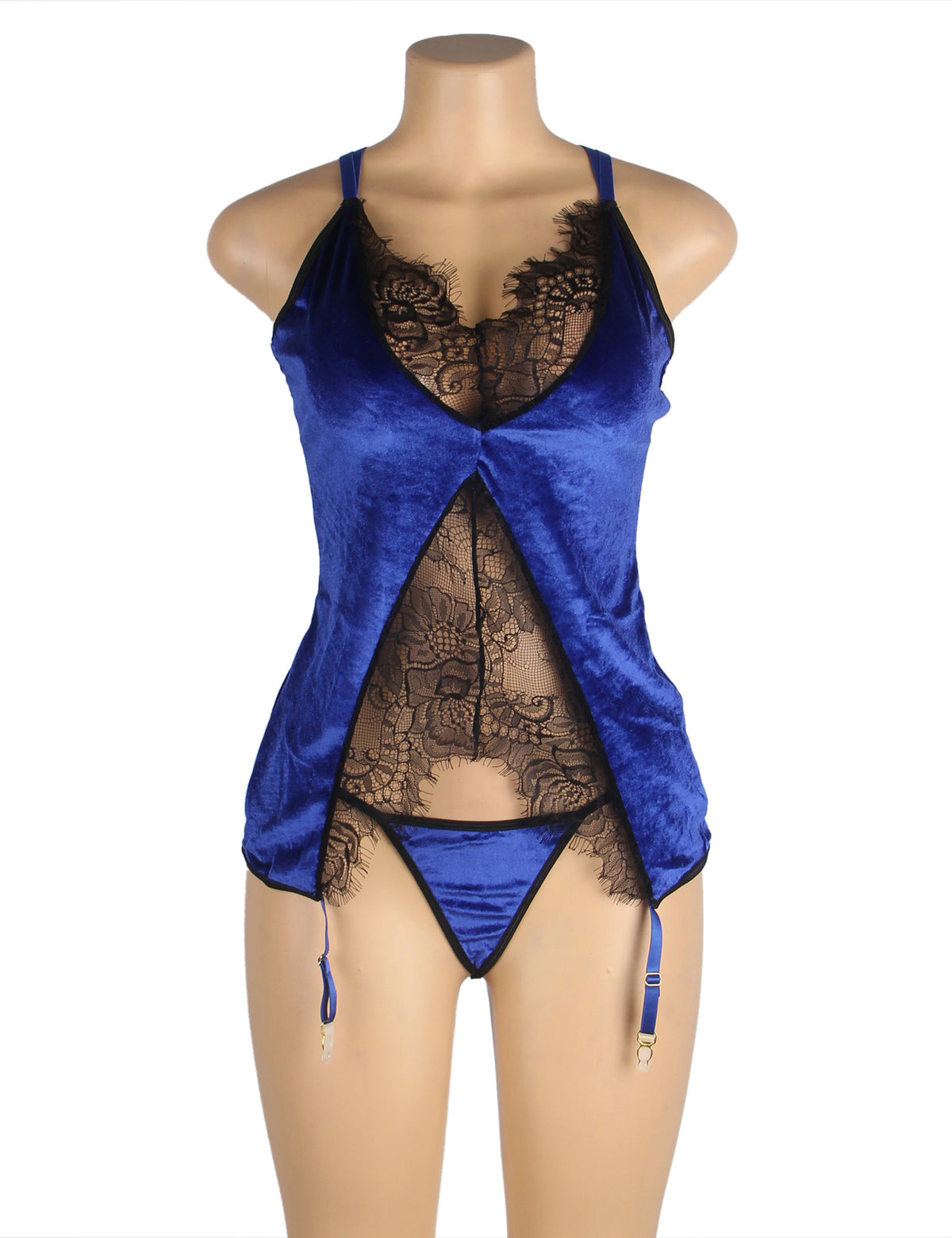 Blue Velvet Stitching Lace Sexy Garter Lingerie Plus Size