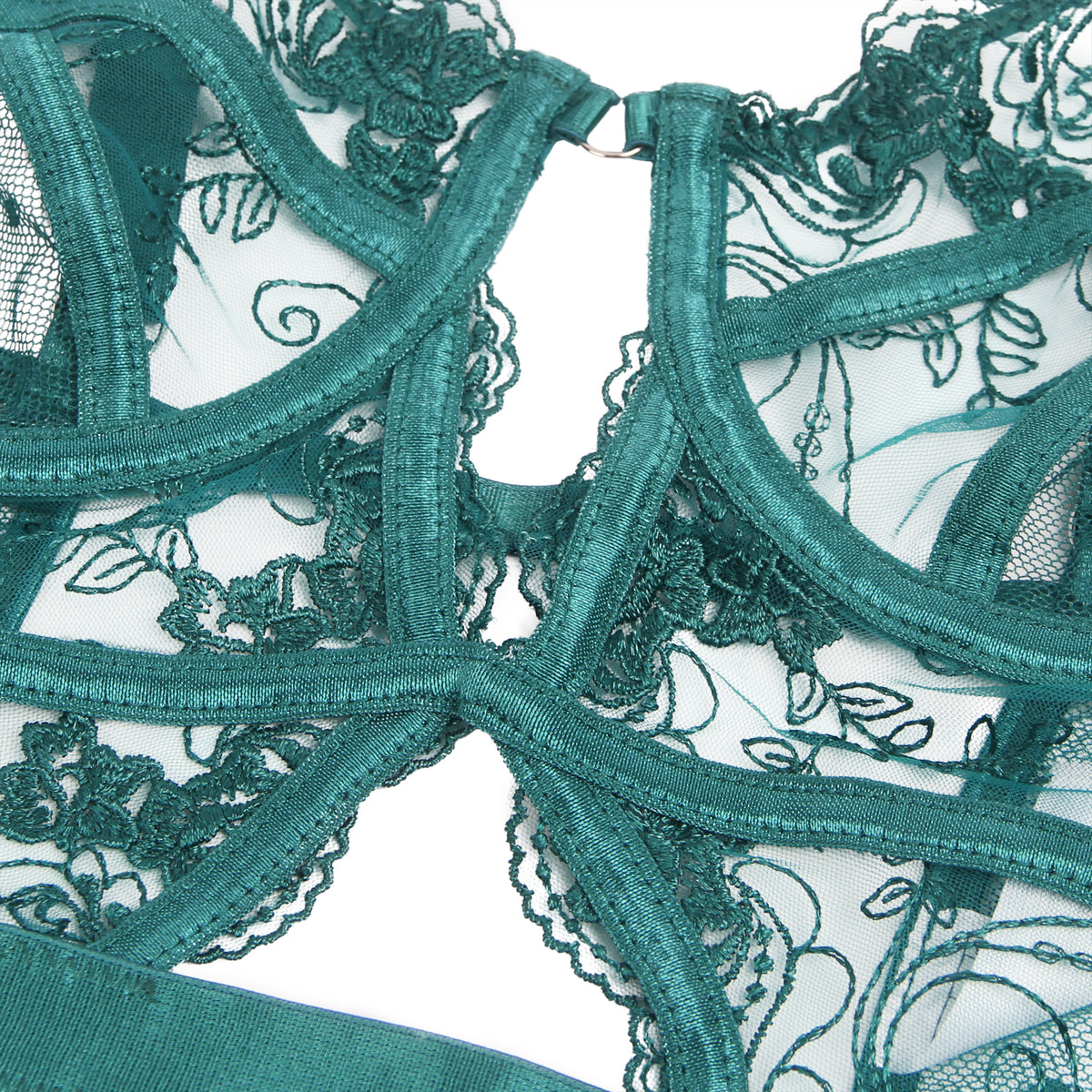 Sexy Embroidery Lace Hollow Suspender Bodysuit Green