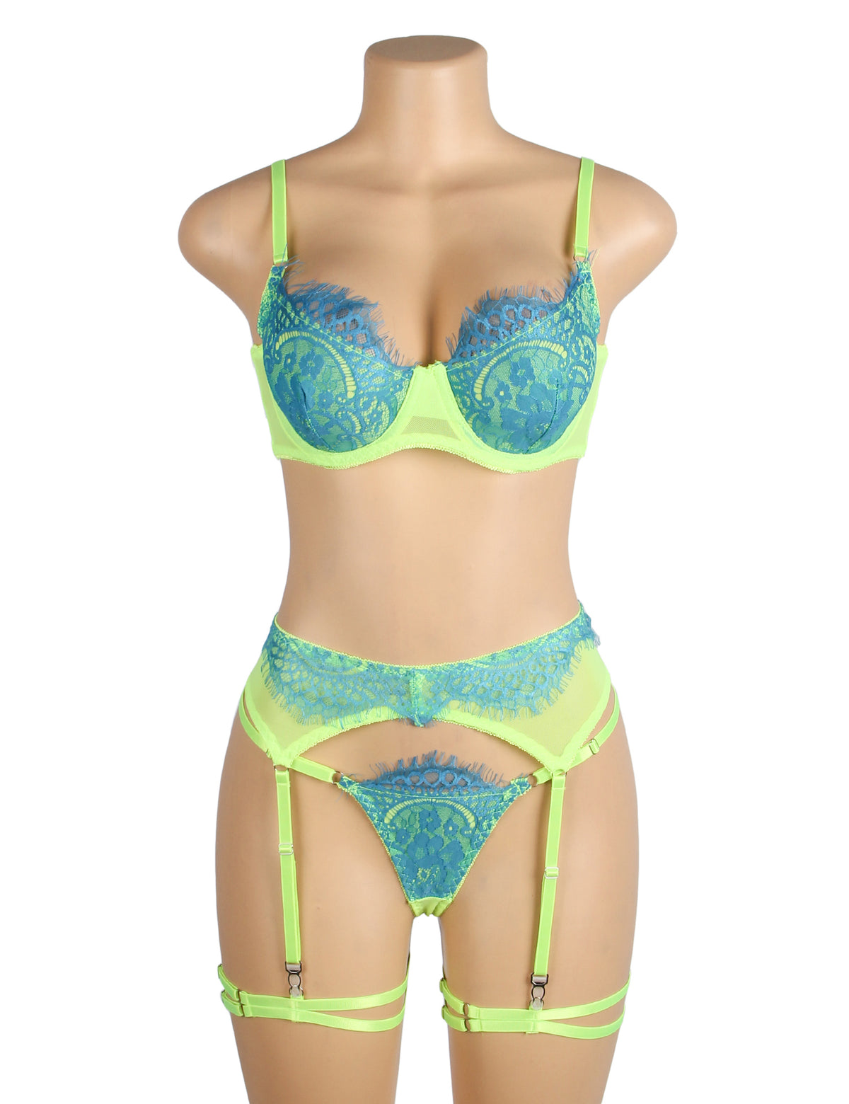 Green Spliced Eyelash Lace Bra Set