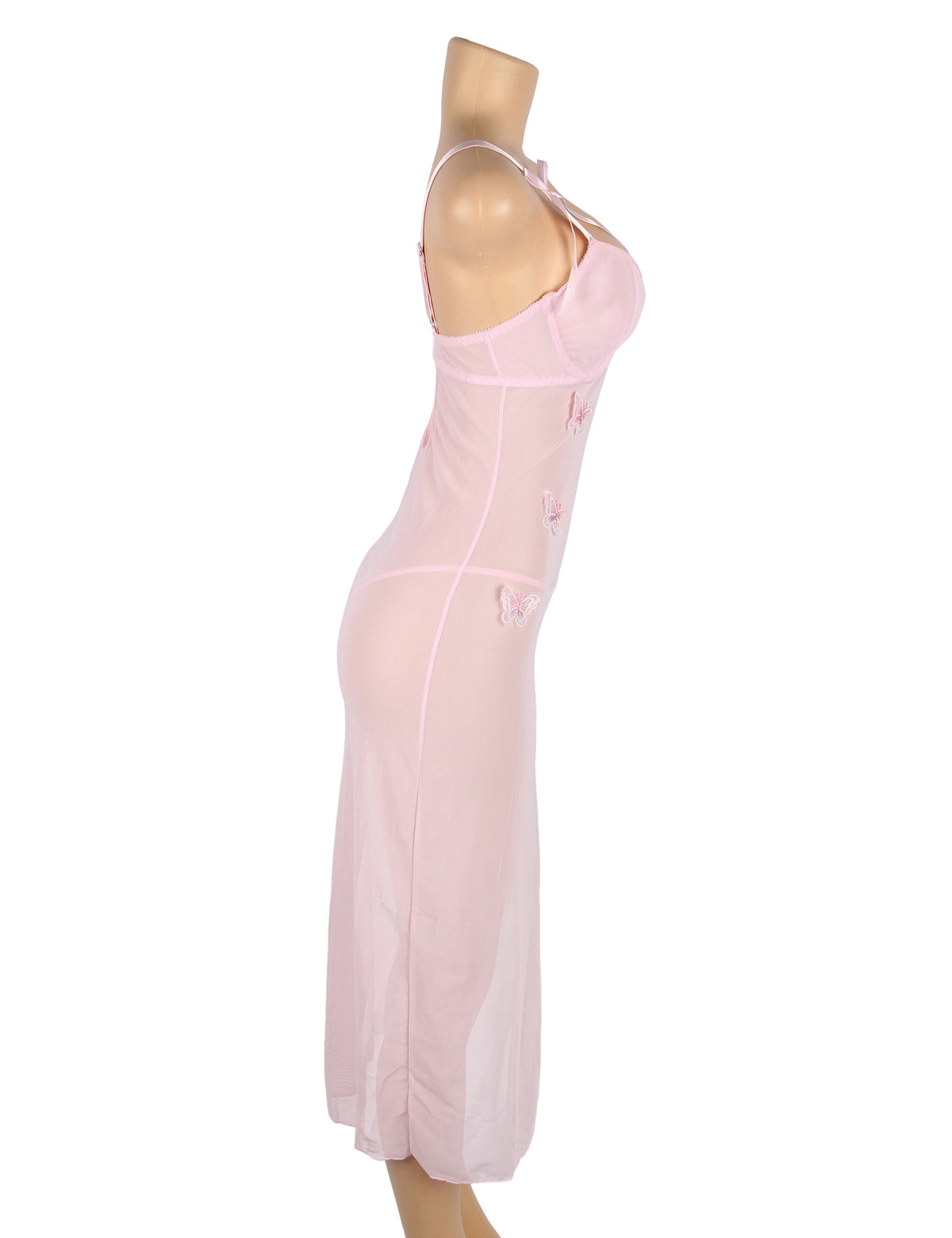 Pink Sexy See Through Mesh Butterfly Backless Long Lingerie Dress