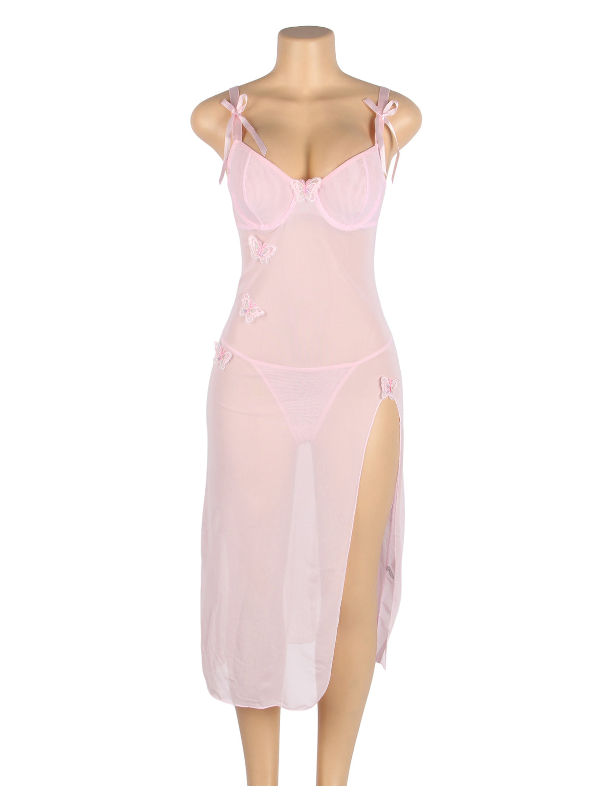 Pink Sexy See Through Mesh Butterfly Backless Long Lingerie Dress